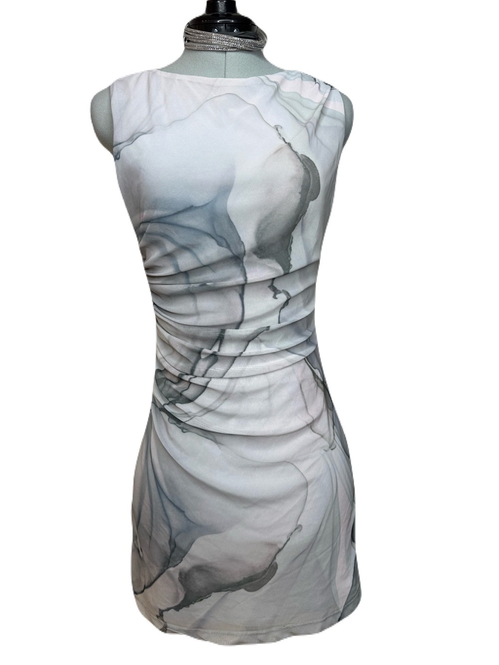 Dynamite Katia Ruched Mesh Bodycon Mini Dress Marble Print NWT S